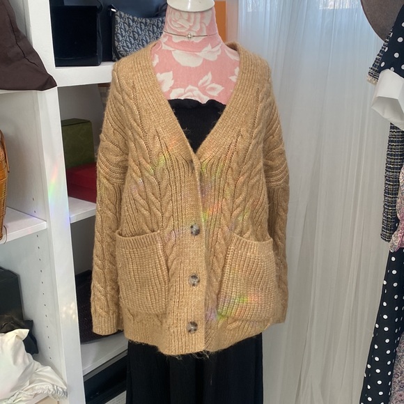 Loft Cable Knit Tan Boyfriend Oversize Sweater Size L - Picture 3 of 7